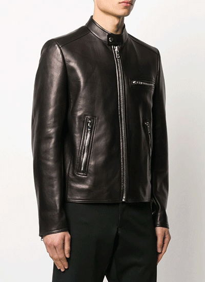 How to wear a biker jacket Prada Band Collar Biker Jacket Comme Des Garcons Play Striped T-Shirt Balmain Distressed Jeans Dolce & Gabbana Shopper Tote Bag